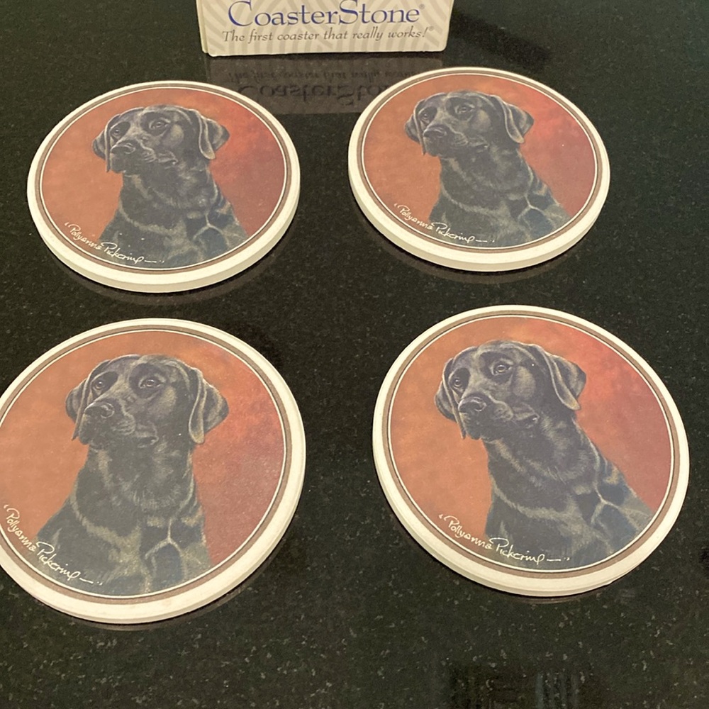 Vintage Black Labrador Stone Coaster Set (4) New Condition, Artist designed